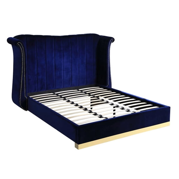 Jamie Velvet Blue King Platform Bed with Gold Accents