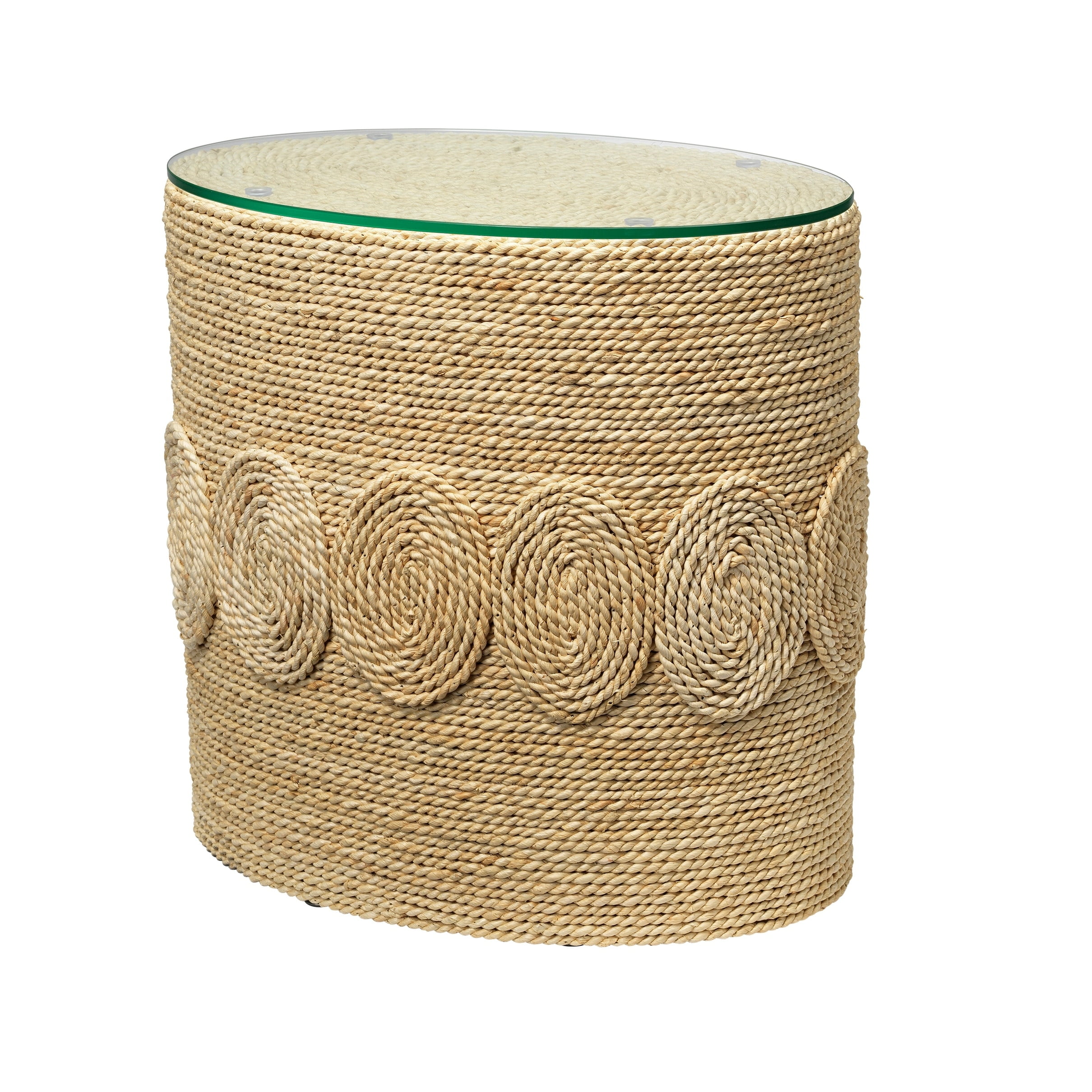 Hand-Woven Corn Straw Round Side Table with Glass Top