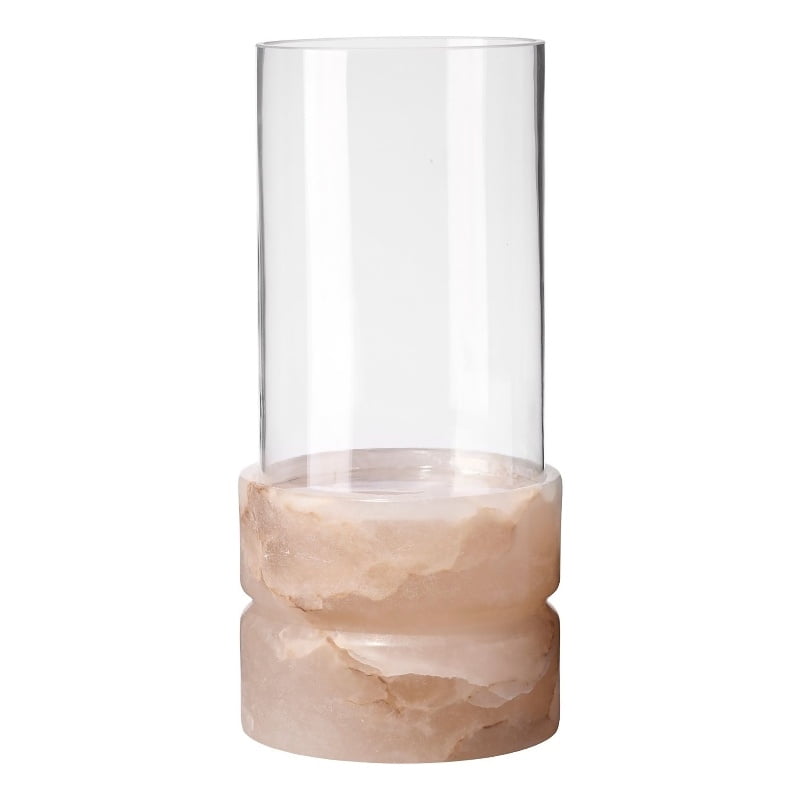 Tall Cream Glass Hurricane Candle Holder with Alabaster Base