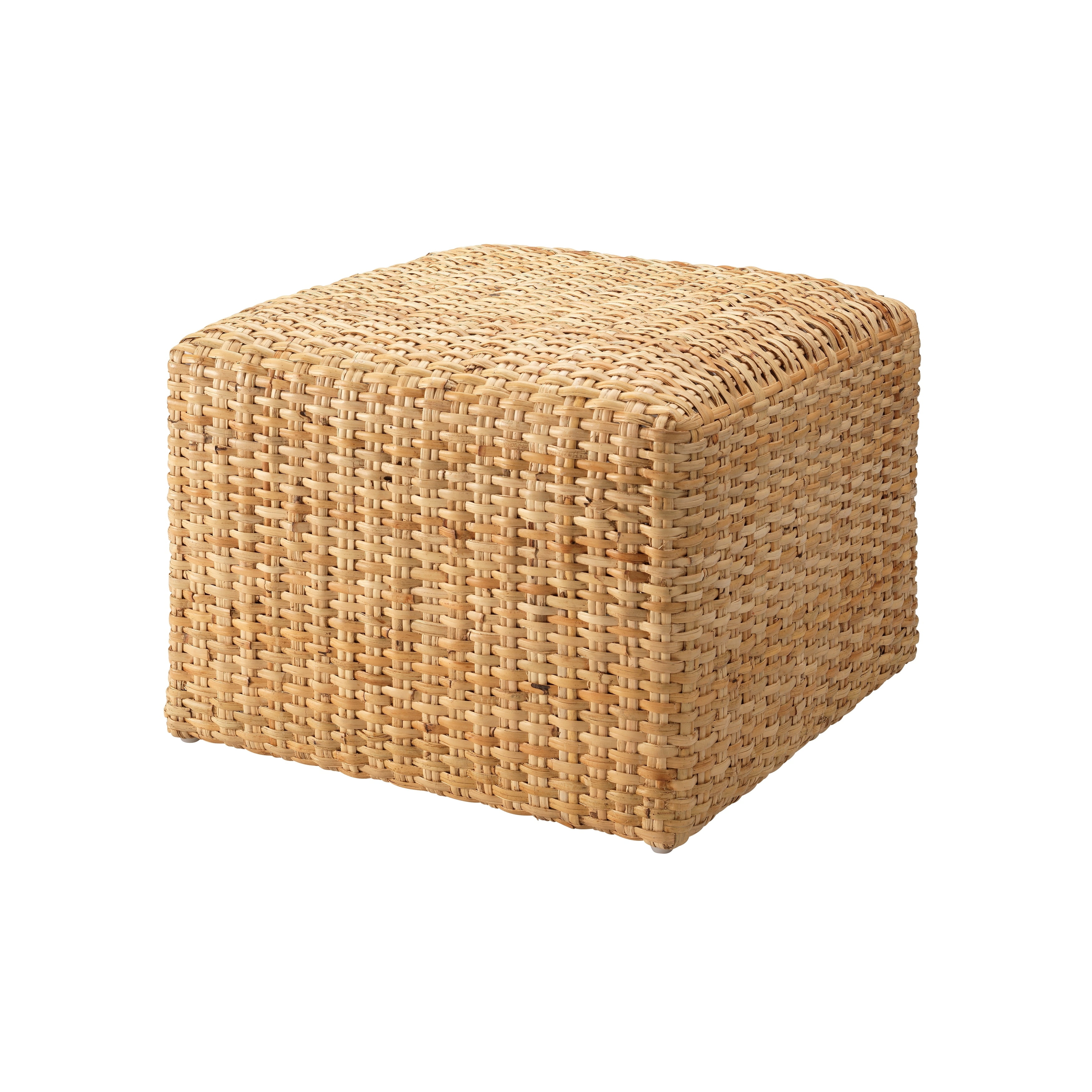 Natural Beige Handwoven Rattan Coastal Ottoman