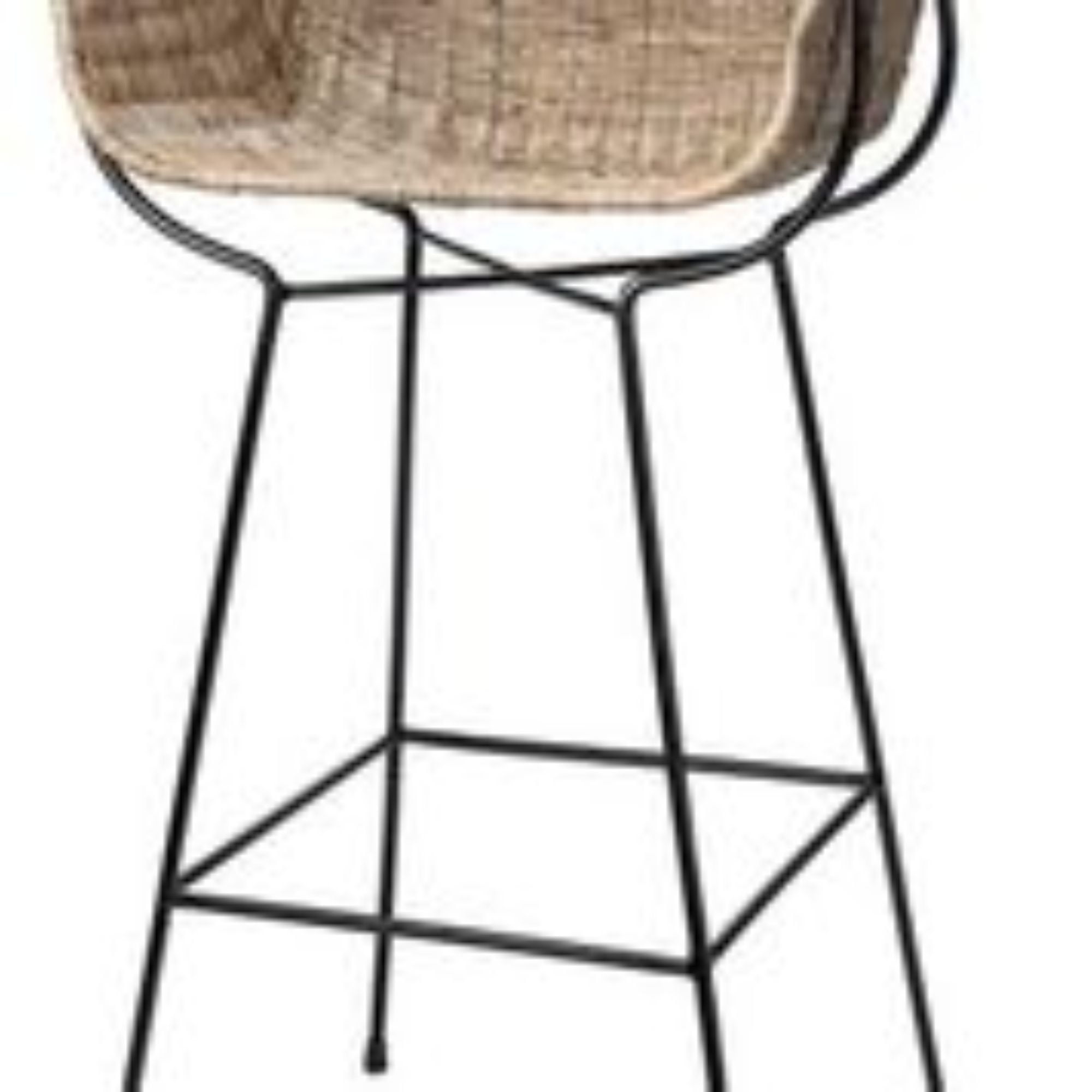 Woven Rattan and Black Metal Bohemian Bar Stool