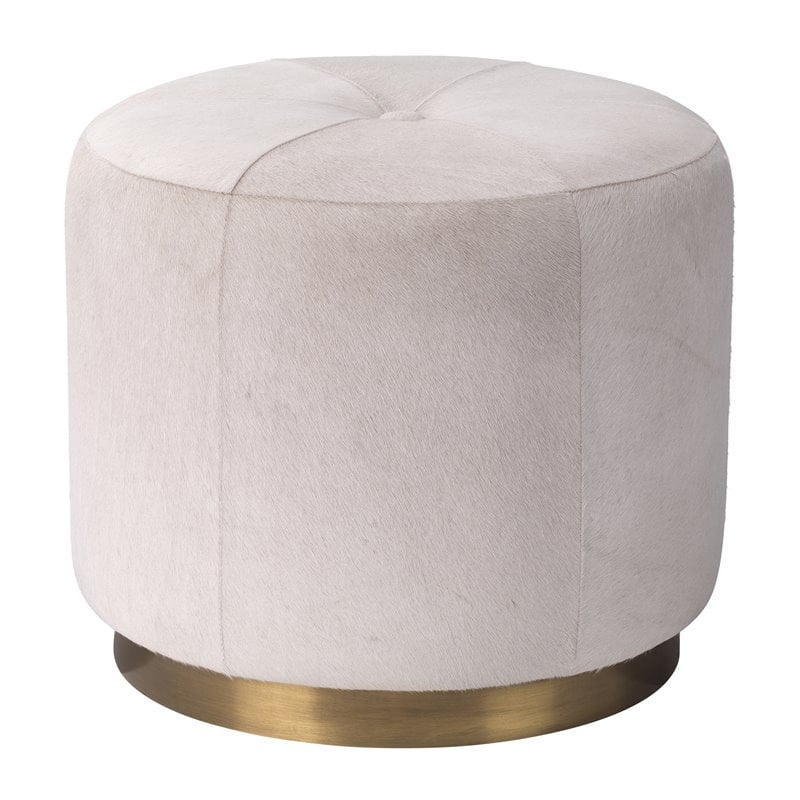 Sanford Round White Hair-on-Hide Pouf with Brass Base