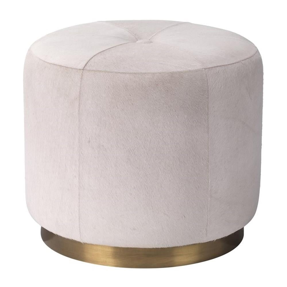 Sanford Round White Hair-on-Hide Pouf with Brass Base