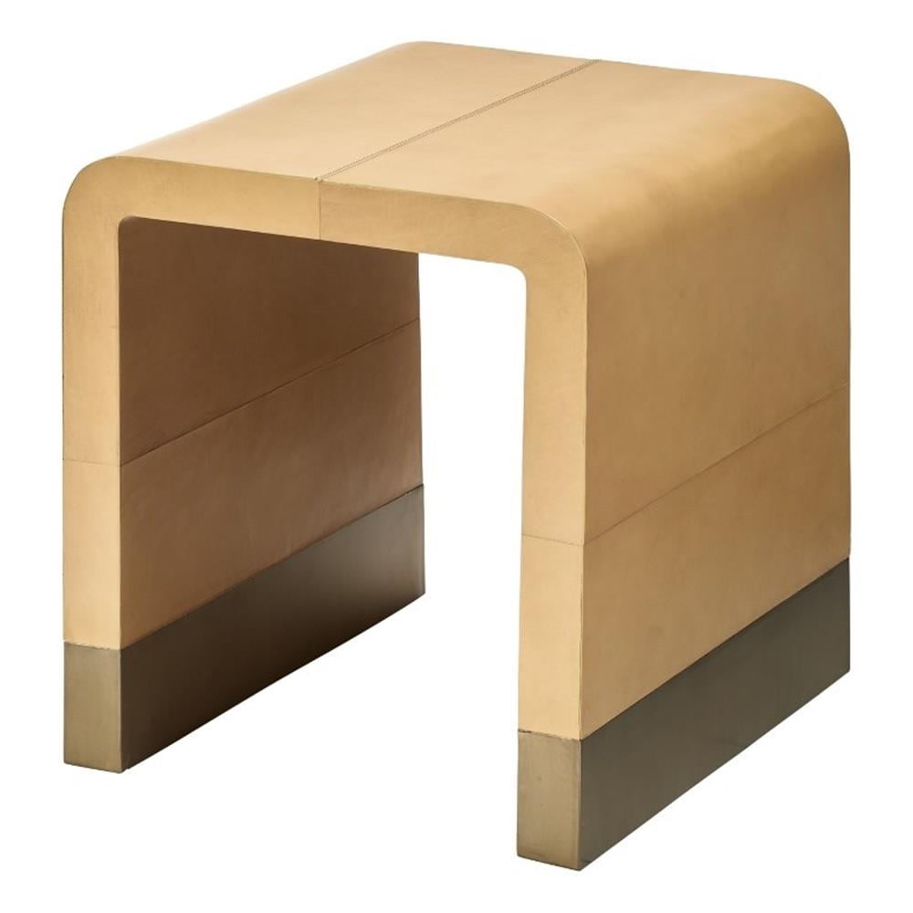 Cashew Beige Leather and Metal Square Side Table