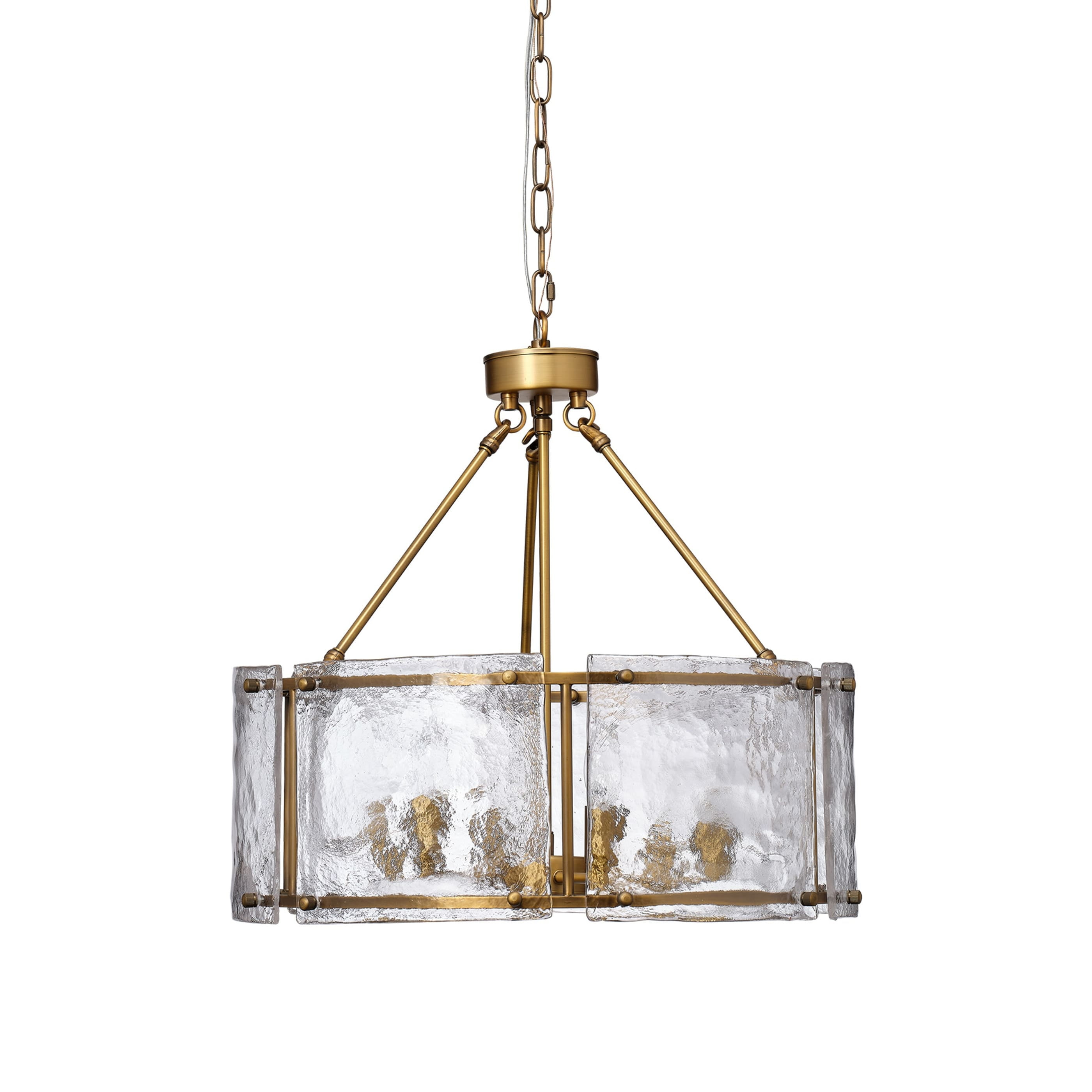 Antique Brass 6-Light Drum Chandelier with Textured Glass