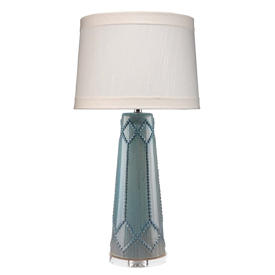 Teal Ceramic Table Lamp with Off-White Linen Shade
