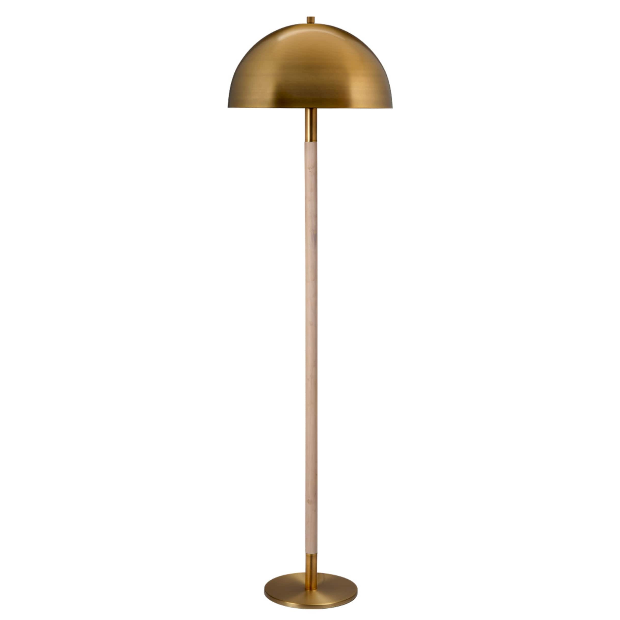 Antique Brass and Natural Wood Floor Lamp with Dome Shade