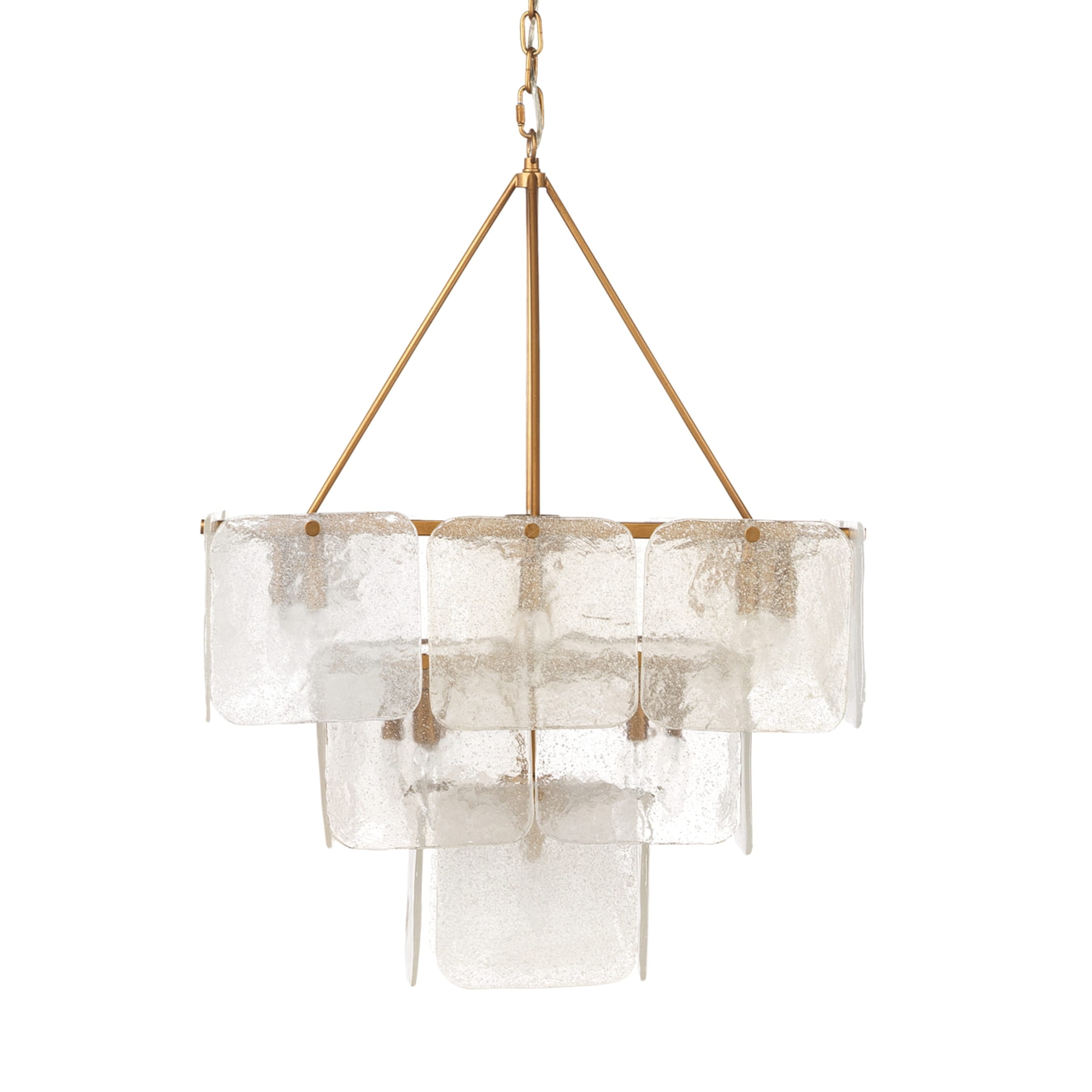 Antique Brass Three-Tier 24-Light Chandelier with Melted Ice Glass