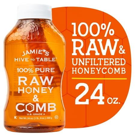 Jamie’s Hive to Table 100% Pure Raw Honey & Honey Comb, Nature Made, No Fillers, 24oz Bottle