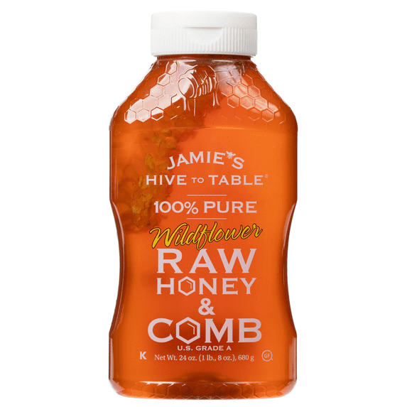 Jamie's Hive to Table Wildflower Honey & Comb, Honeycomb, Raw & Unfiltered, 24 oz Squeeze Bottle