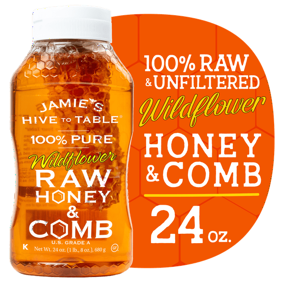 Jamie's Hive to Table Wildflower Honey & Comb, Honeycomb, Raw & Unfiltered, 24 oz Squeeze Bottle