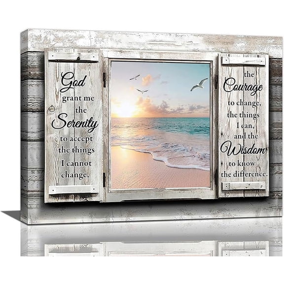 Jamie world Beach Serenity Prayer Wall Art Coastal Country Canvas Prints Window Sunset Ocean Picture Framed Scripture Christian Artwork Home Decor for Bathroom Kitchen Bedroom Dining Living 16''x12''