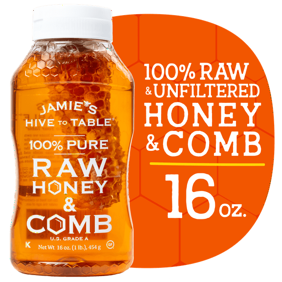 Jamies Hive to Table 100% Raw Honey & Comb, Premium, Pure Honey, 16 oz Bottle