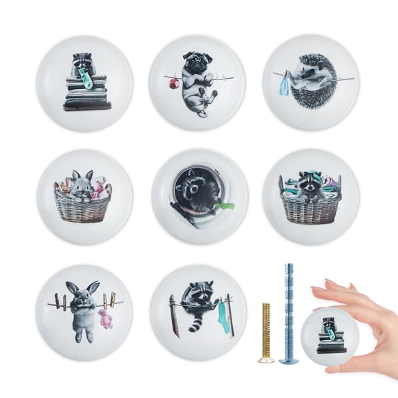 Jamjam 1.5" 8 PCS Ceramic Laundry Room Animal Knobs Cute Fun Rabbit Laundry Basket Raccoon Hedgehog Decor Cabinet Dresser Drawer Knobs and Pulls
