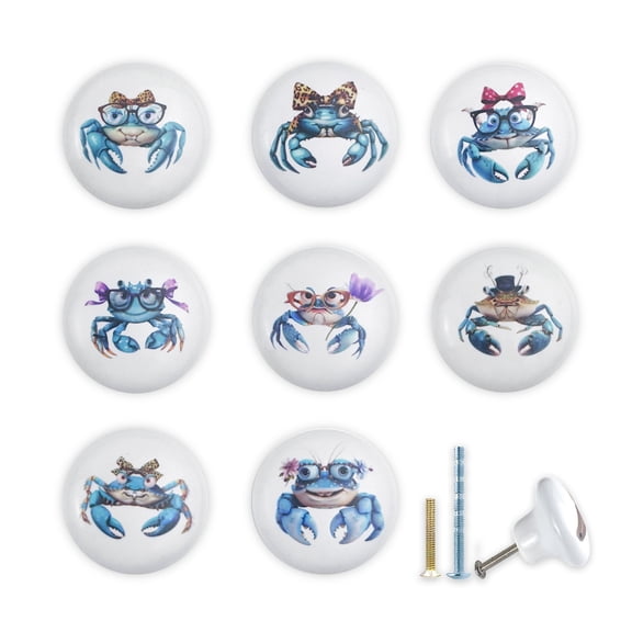 Jamjam 1.5" 8PCS Cute Sea Animals Blue Crab Theme Ceramics Knob Room Furniture Cabinet Kitchen Cupboard Door Dresser Drawer Pulls Handles and Knobs