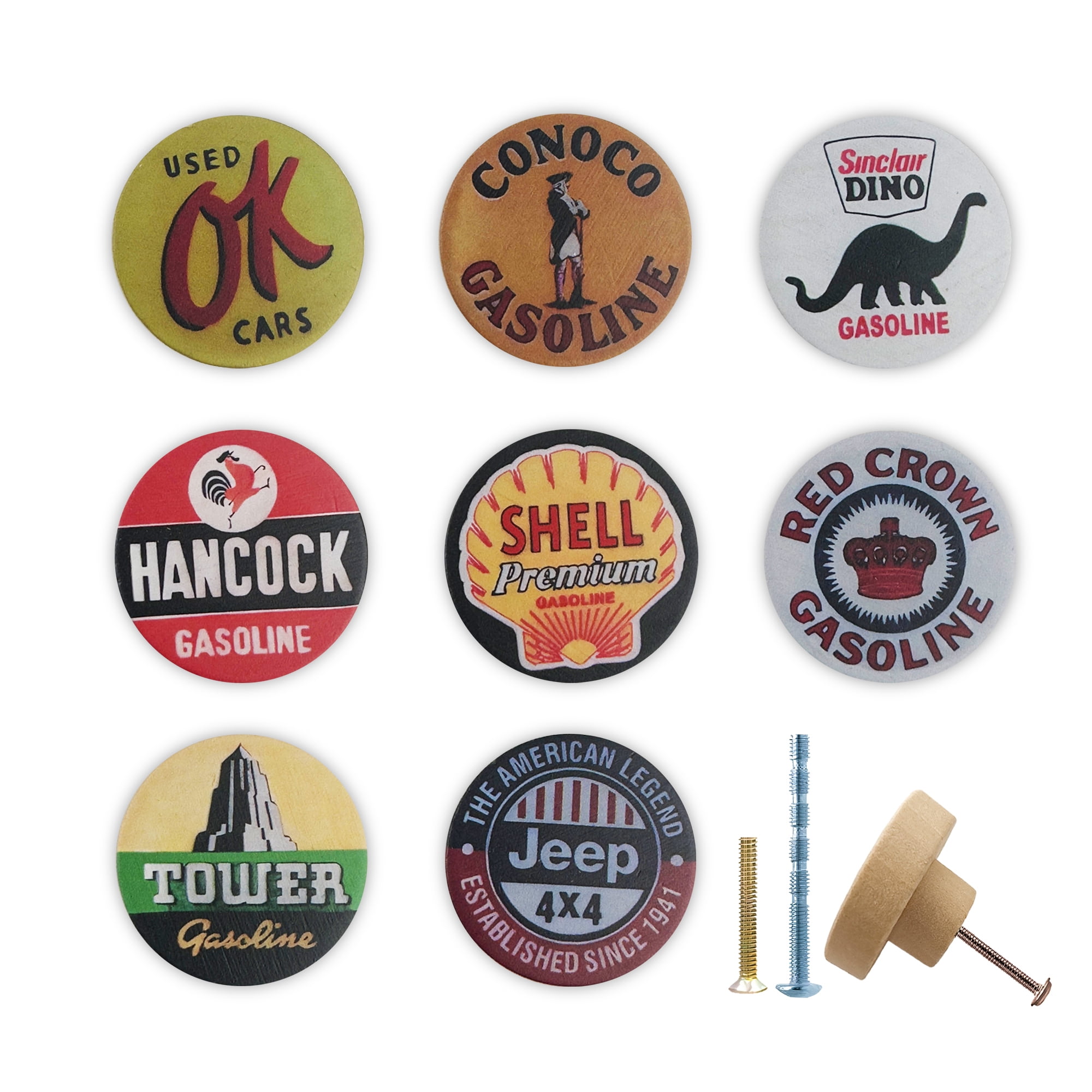 Jamjam 1.8" 8PCS Vintage Unique Gasoline and Automobile Cabinet Wood Knobs Wooden Door Farmhouse Kitchen Cabinet Dresser Drawer Pulls and Knobs