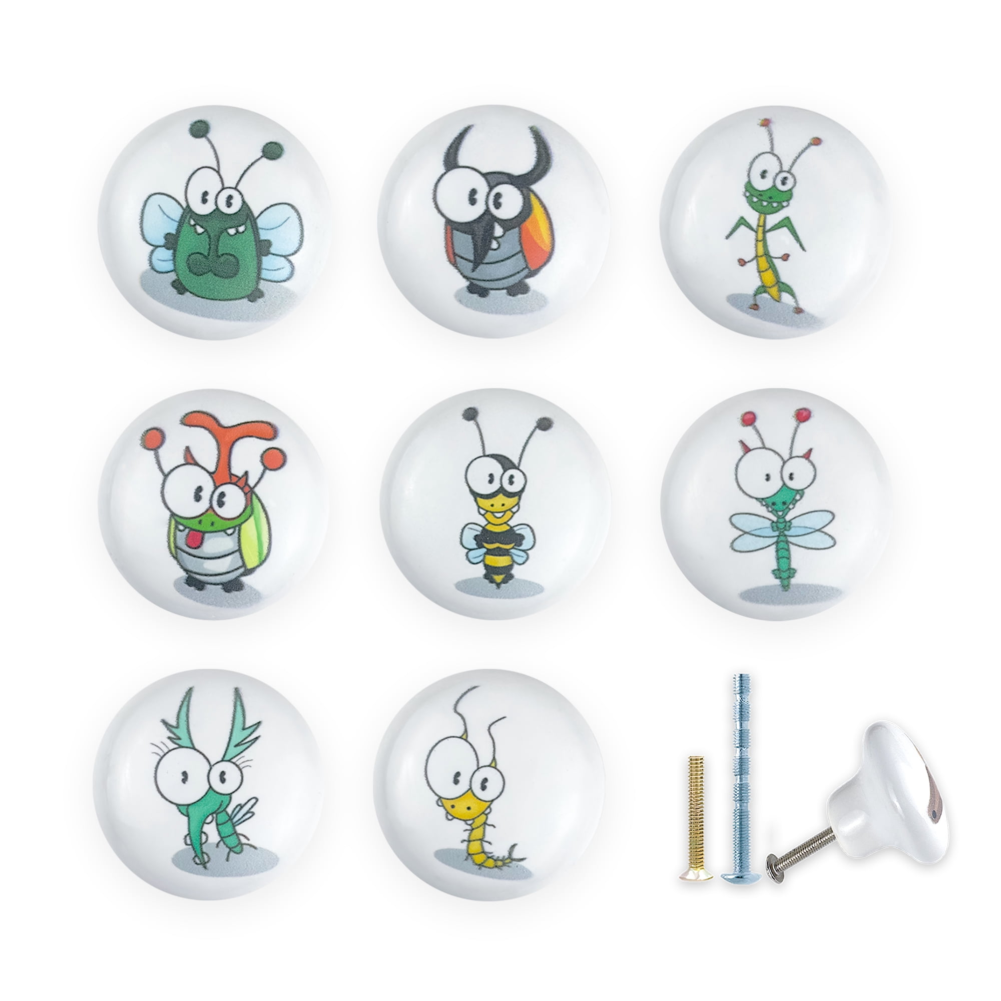 Jamjam 8Pack 1.5" Ceramic Fun and Colorful Bug Nursery Decorative Kitchen Cabinet Dresser Knobs Furniture Kids Handles Pulls