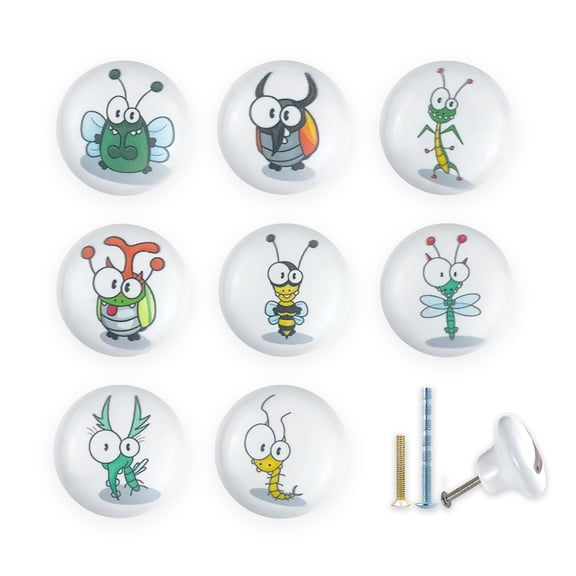 Jamjam 8Pack 1.5" Ceramic Fun and Colorful Bug Nursery Decorative Kitchen Cabinet Dresser Knobs Furniture Kids Handles Pulls