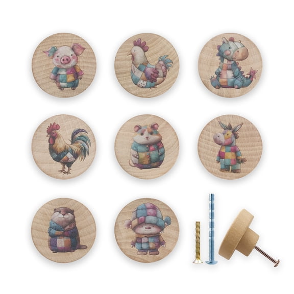 Jamjam 8Pack 1.5" Wooden Animal Decorative Cabinet Drawer Pull Boho Kids Nursery Room Dinosaur Rabbit Chicken Dresser Door Knobs