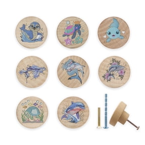 Jamjam 8Pack 1.5" Wooden Cute Ocean Animals Drawer Pulls Cupboard Cabinet Knob Nursery Kids Room Turtle Whale Seastar Dresser Drawer Knobs