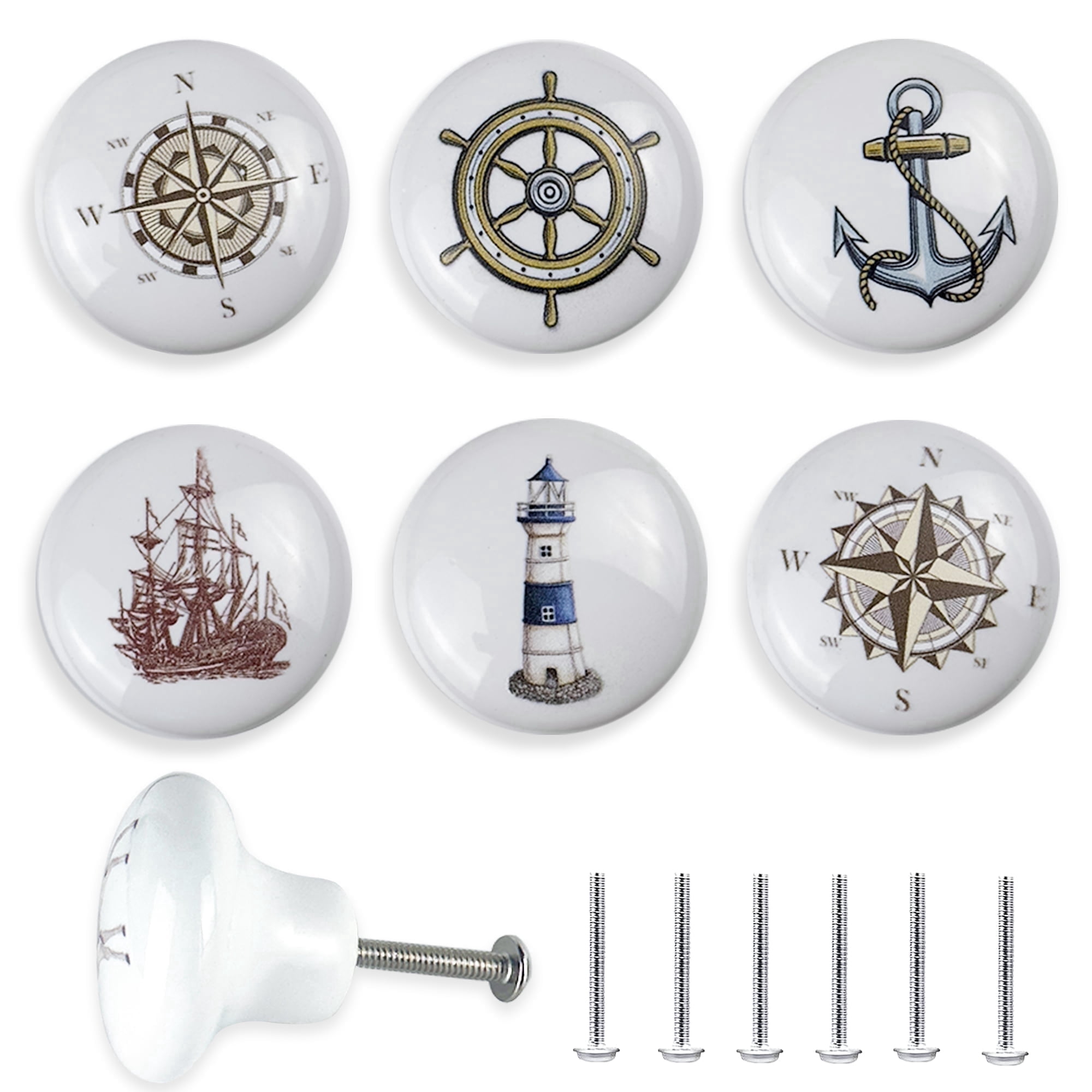 Jamjam 6 Pack 1.5"Cute Unique Coastal Nautical Beach Kitchen Cabinet Themed Ceramics  Dresser Drawer Knobs and Pulls