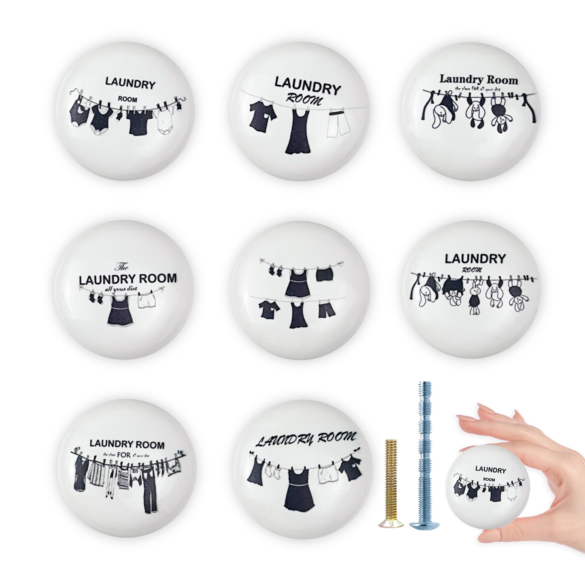 Jamjam 8Pack1.5"Clothesline Ceramic Knob Unique Retro Laundry Washing Line Room Black and White Furniture Cabinet Drawer Knobs Handles or Pulls