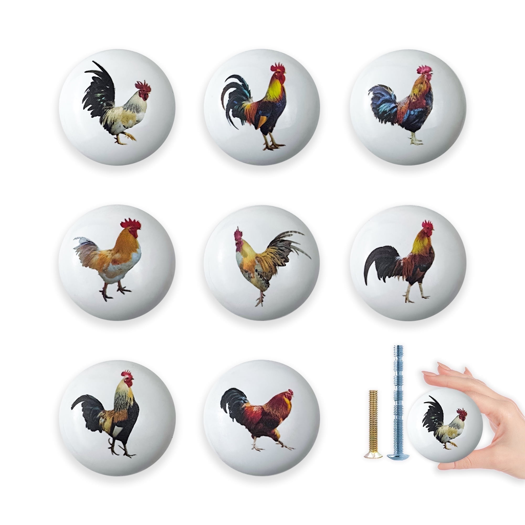Jamjam Ceramic Animal Cabinet Knob 8Pack Rustic Farmhouse Colorful Chicken Dresser Drawers Knobs Pulls 1.5 X 1.5 Inches
