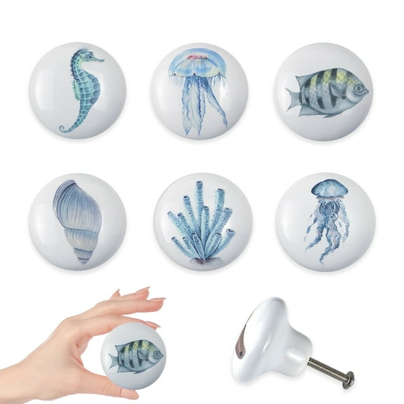 Jamjam Set of 6 Ceramic Beach Coastal Themed Cabinet Drawer Dresser Knobs Octopus Door Handle and Pulls 1.5 X 1.5 Inches