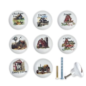 Jamjam Set of 8 1.5"Ceramics Cabinet Knob Farmhouse Rustic Cow Pig and Chicken Unique Kitchen Dresser Drawer Knobs Pulls Handles