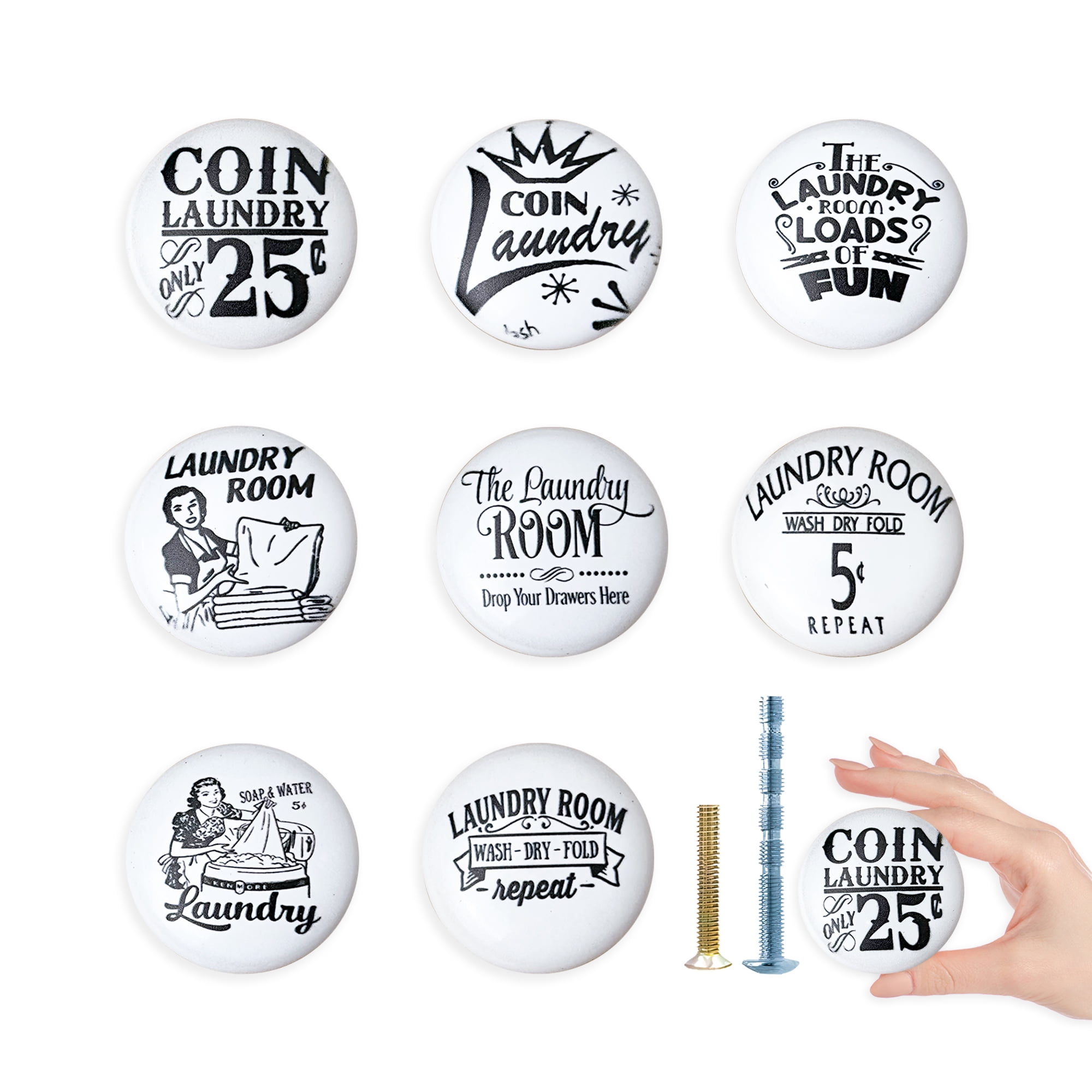 Jamjam Set of 8 1.5" Round Ceramic Drawer Knob Laundry Room Cabinet Room Furniture Handles Black White Drawer Knobs and Pulls