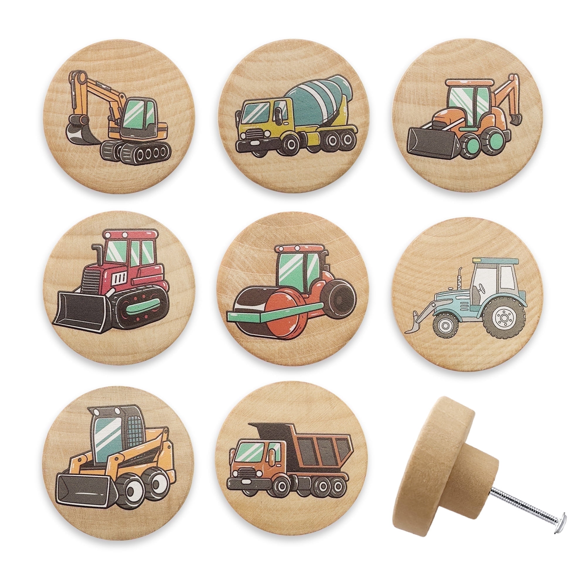 Jamjam Set of 8 Wood Kids Boy Nursery Room Construction Vehicle Trucks Cabinet Furniture Dresser Drawer Knobs and Pulls 1.8 X 1.8 Inches