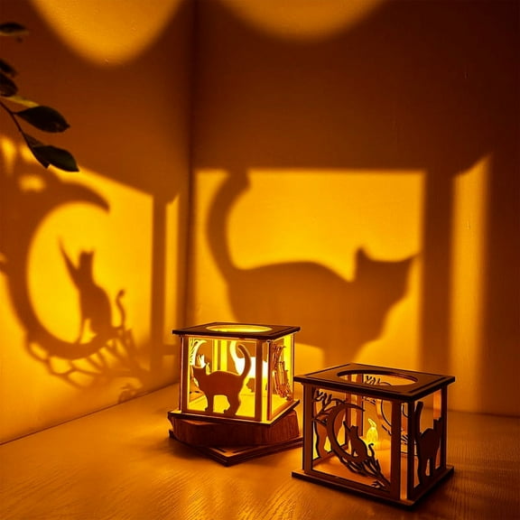 Jamjam Small Wooden Cat On Moon Candle Holders Rustic Ramadan Lantern Decorative Lights Indoor for Farmhouse Kitchen Table Decor Home Room Bedroom House Birthday Party Decorations