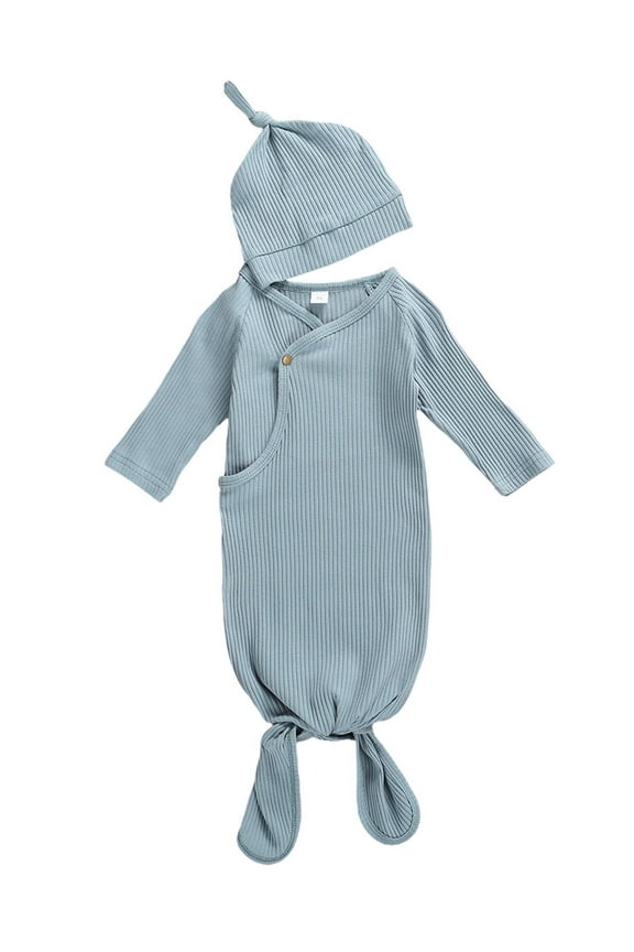 Newborn Baby Boy Girl Knotted Gowns Long Sleeve Printed Sleeping Bag Coming Home Outfit Nightgown Pajamas Hat Set