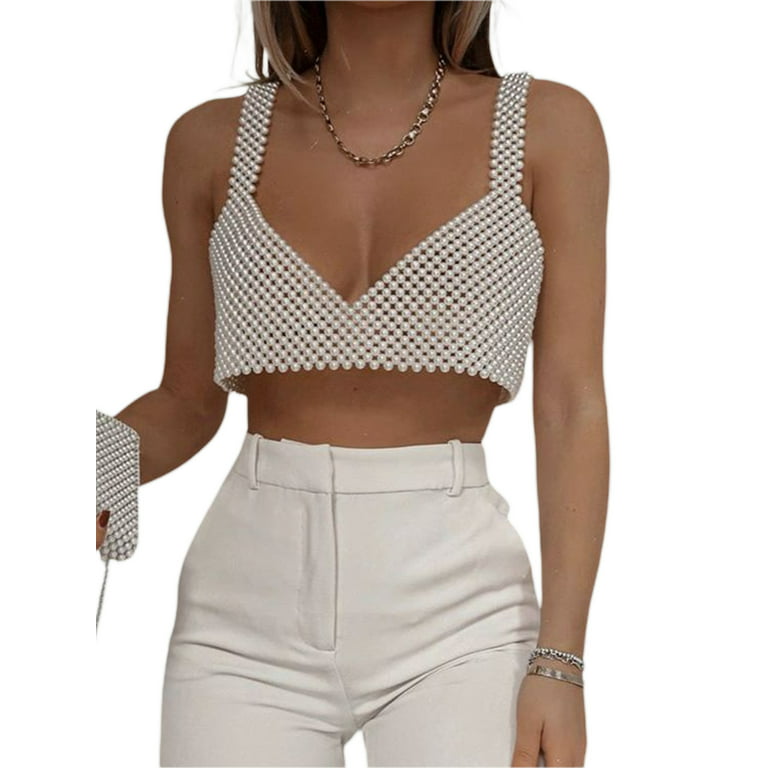 Women Sexy Pearls Beaded Crop Top White Fishnet Top Pearl Body Chain Bra  Tanks Spaghetti Strap Camis Party Vest Clubwear