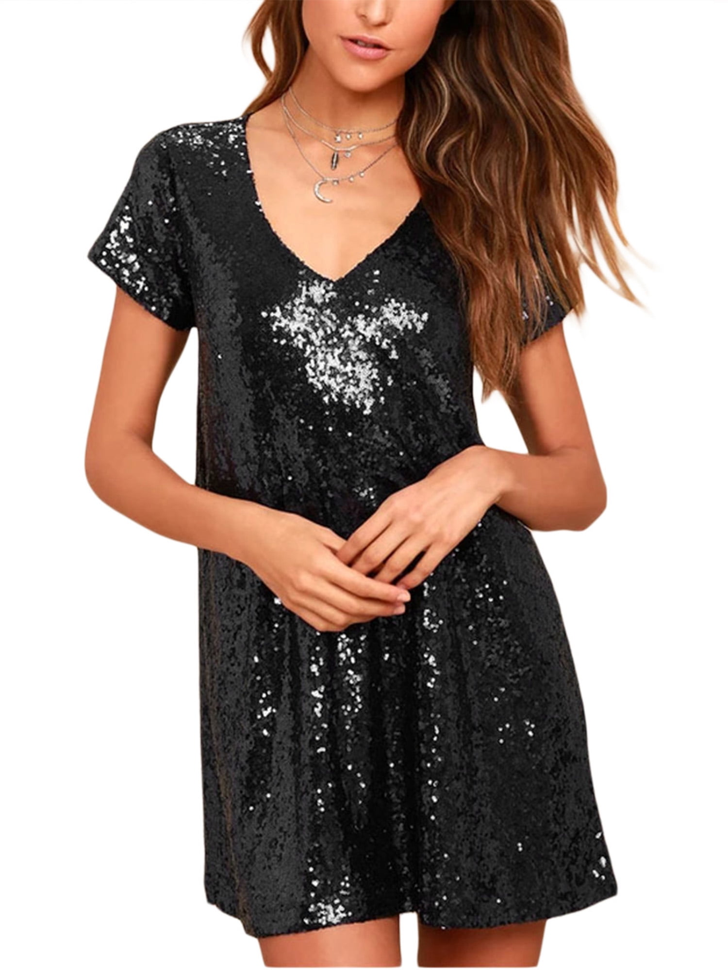 Jamlynbo Women's Sequin Short Party Dress Summer Sparkle Short Sleeve