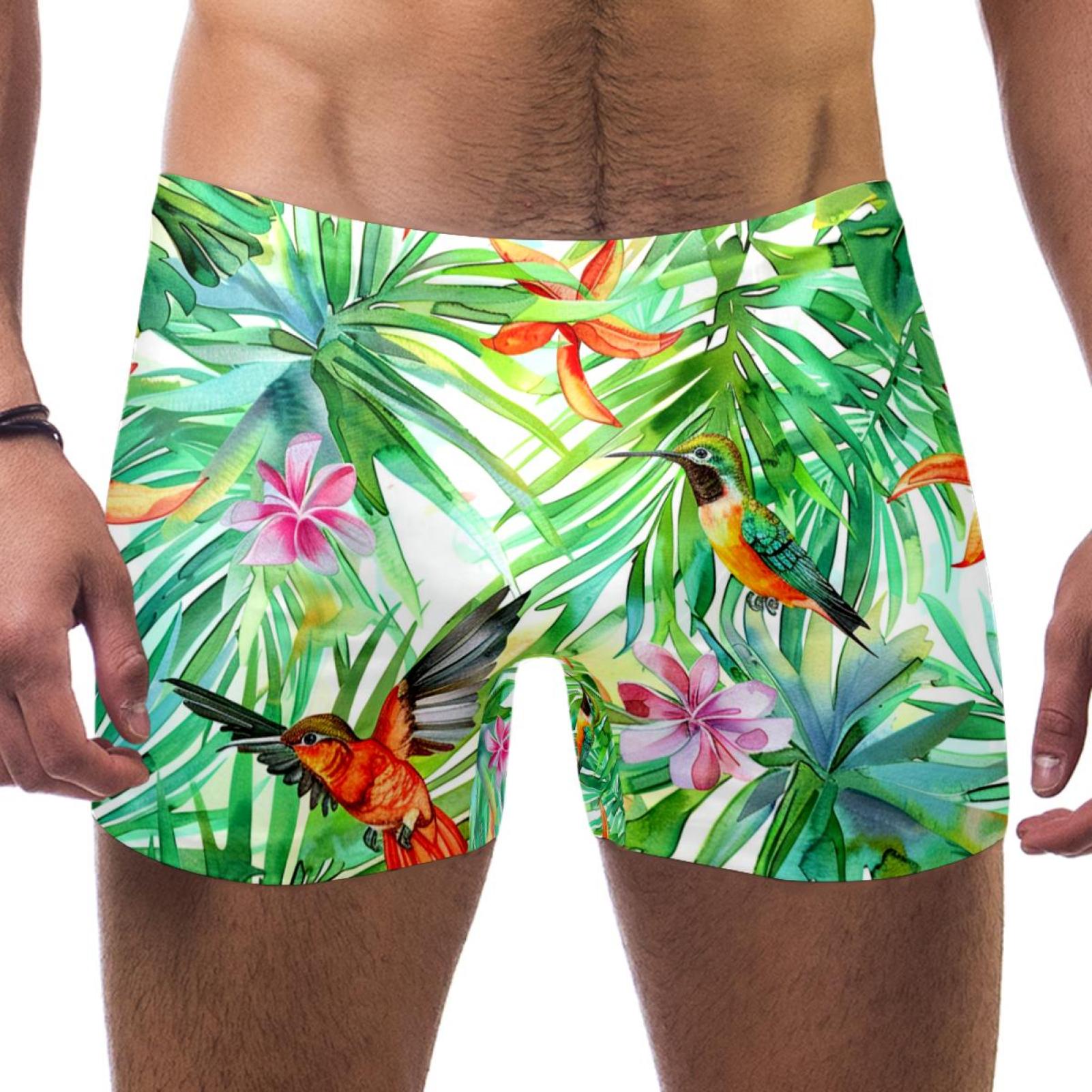 Jammers for Men, Mens Bikini Swimwear, Hawaiian Flower Palm Leaf Bird