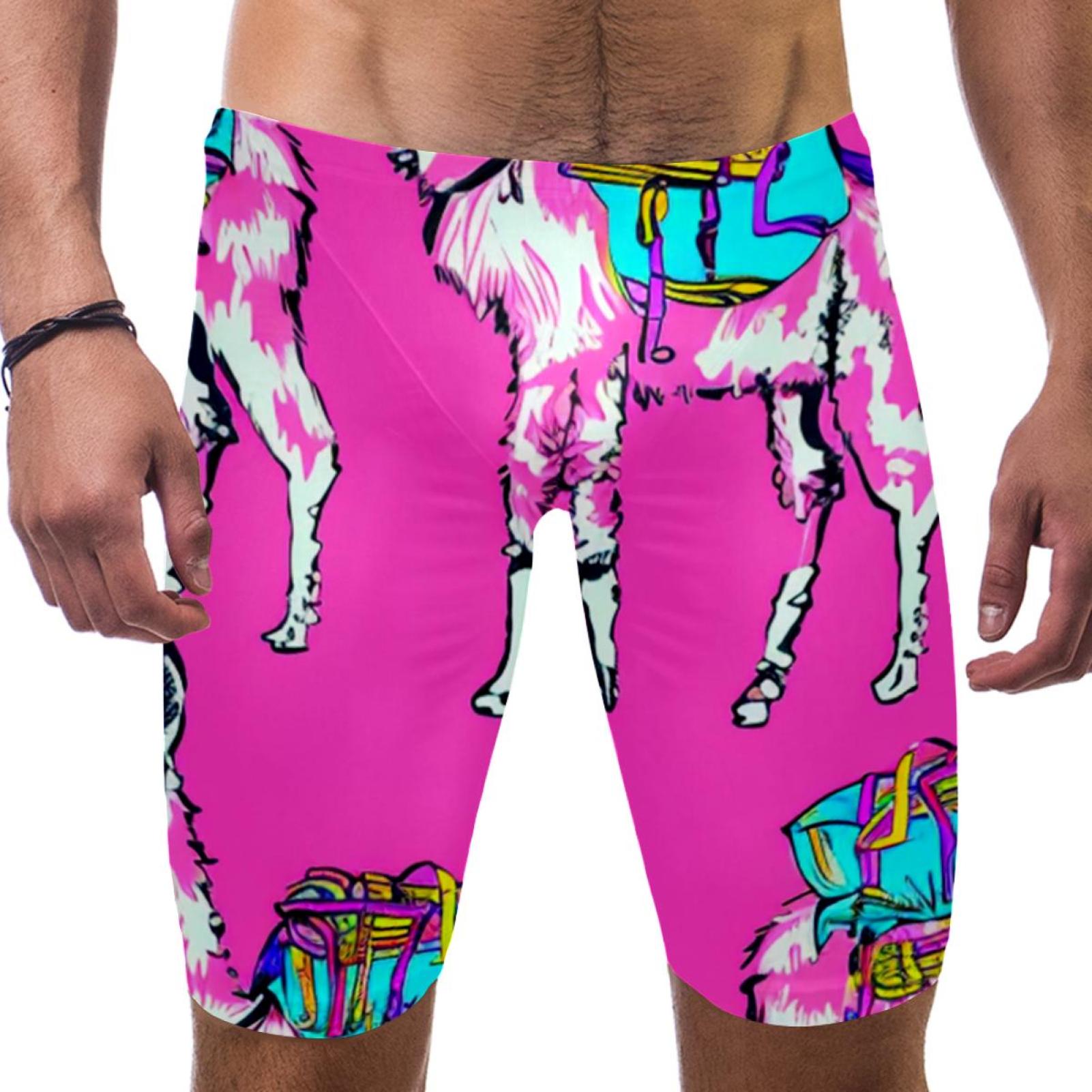 Jammers for Men, Mens Jammers for Swimming, Llamas Cartoon Animal Pink