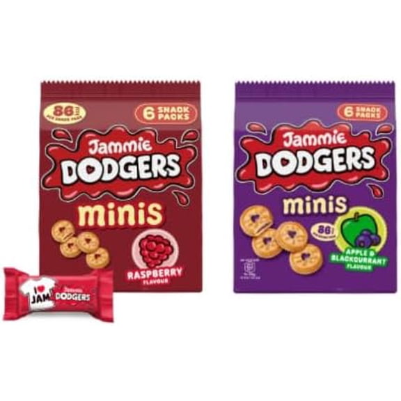 Jammie Dodgers - British Biscuits - 2 Bags of Mini Snack Packs , Raspberry and Apple & Blackcurrant Flavour.