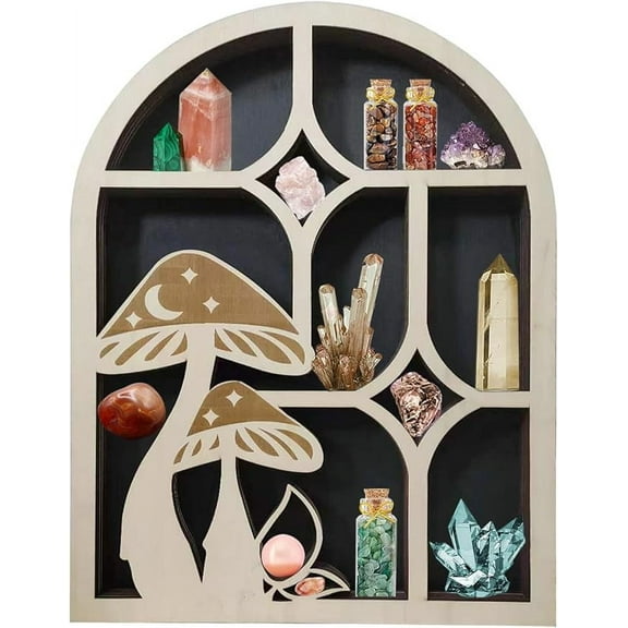 Jamo Homzi Moon & Sun Crystal Display Shelf, Wooden Crescent Moon Shelf Crystal Holder for Stone Essential Oils Plants, Moon Wall Decor for Spiritual Hippie or Witch Room, Zen Wall Decor Arch Shelf