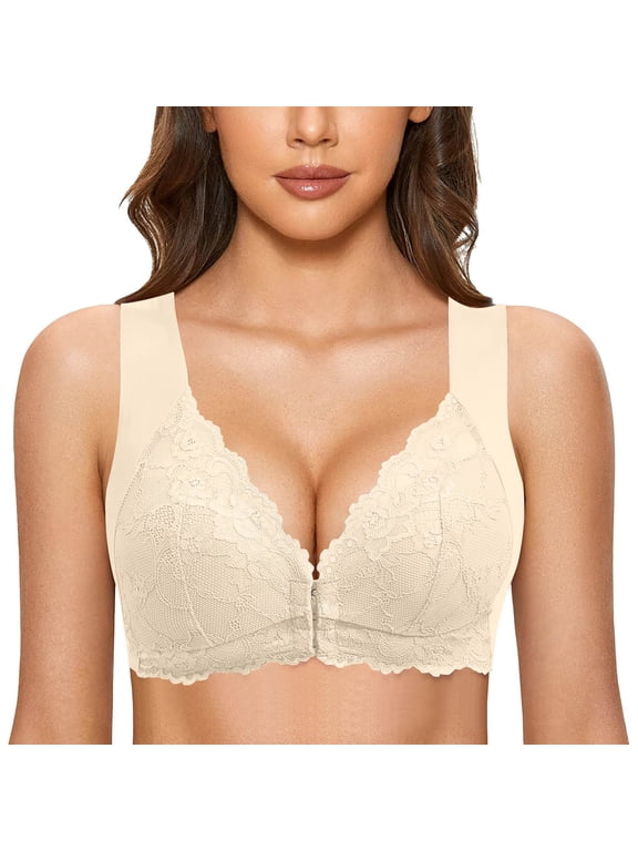 Daisy Bras For Older Women Front Closure Embroidery Lace Seamless Bras Full Coverage No Underwire Wireless Sleep Bras