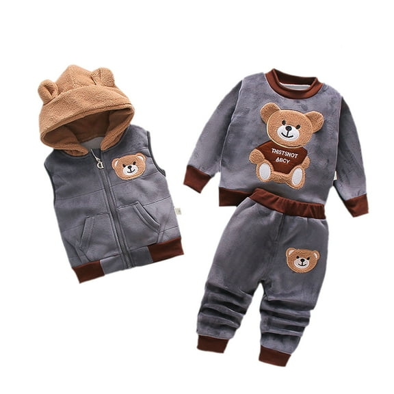 Jamsmile Kids Toddler Boys Outfit Sets Girls 3PCS Flannel Set Bear Print Pullover + Zipper Vest + Pants Winter 3pcs Outfits