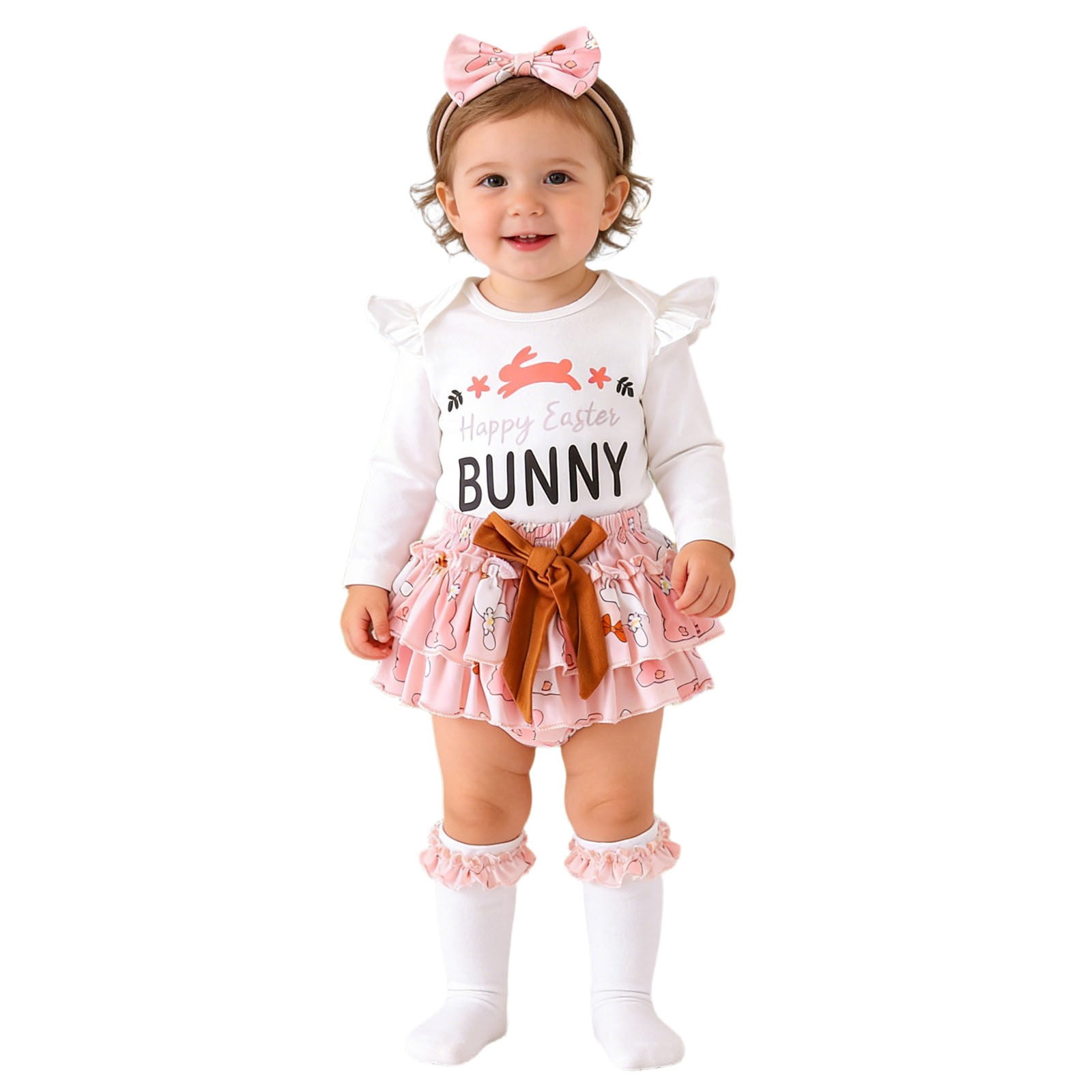 Jamsmile Newborn Girls Outfits Sets 1st Easter Day Bunny Print Romper With Floral Headband 3pcs Baby Girls Princess Outfits