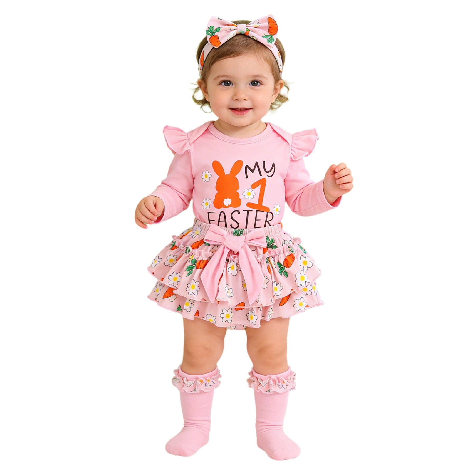 Jamsmile Newborn Girls Outfits Sets 1st Easter Day Bunny Print Romper With Floral Headband 3pcs Baby Girls Princess Outfits