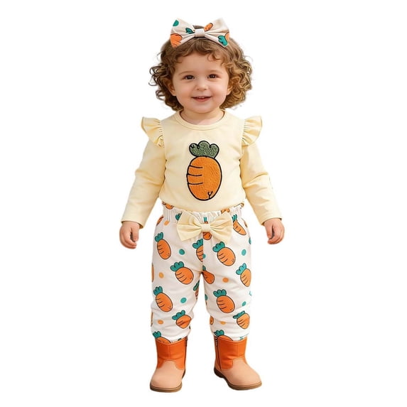 Jamsmile Girls Outfits Sets Long Sleeve Easter Day Carrot Embroidery Romper + Pants + Headbands Baby Girls Clothing