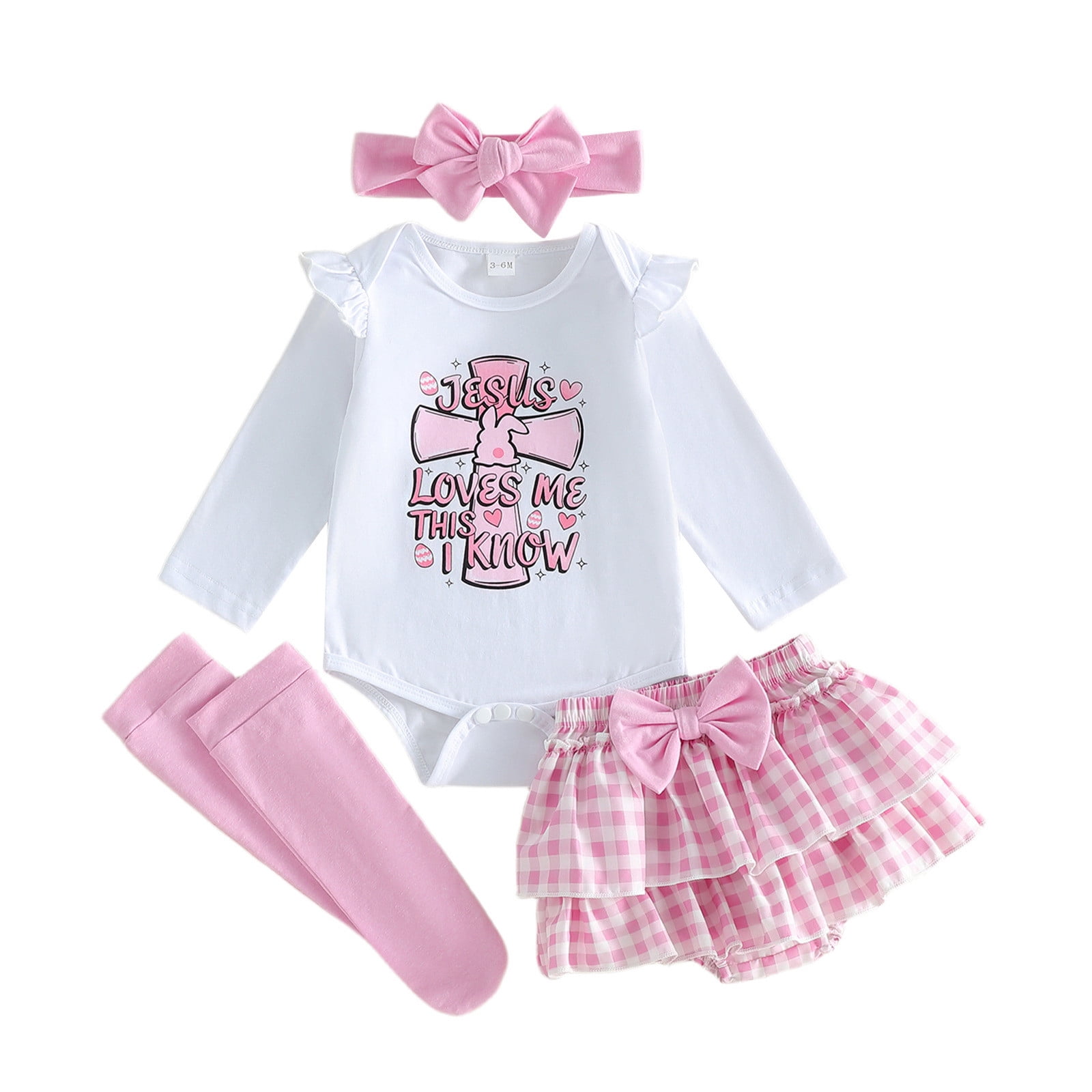 Jamsmile Girls Outfits Sets Long Sleeve Romper Print Plaid Tiered Dress + Headband + Socks 4 Piece Baby Girls Clothing