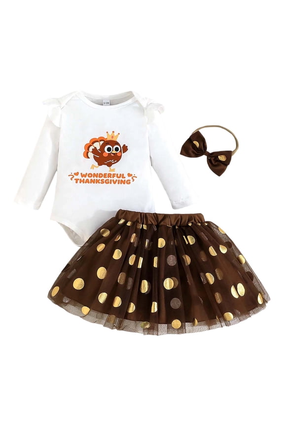 Girls Outfits Sets Thanksgiving Cartoon Print Bodysuit + Tutu Skirts Headband 3 Piece Baby Girls Party Clothes