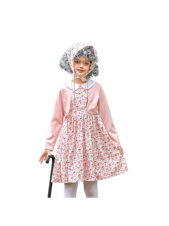 Old Lady Dress For Girls Kids 100th Day Of School Kids Old Lady Girls Granny Dress Set Accessories