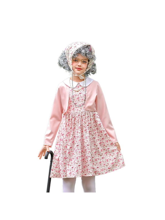Old Lady Dress For Girls Kids 100th Day Of School Kids Old Lady Girls Granny Dress Set Accessories