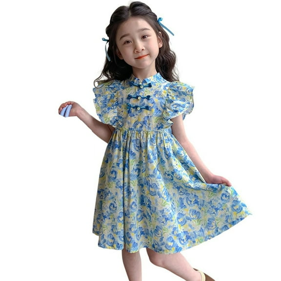 Jamsmile Summer Toddler Girls Dress Summer Fly Sleeve Floral Print Children Dress Casual Tunic Princess Dresses Beach Sundress