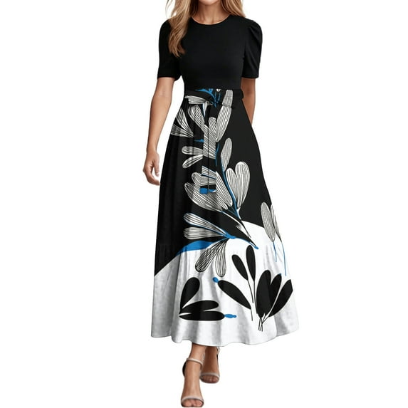 Jamsmile Summer Women Dress Floral Print Wrap Short Sleeve Maxi Dresses Patchwork Slim Waist Ruffles Hem A Line Dress